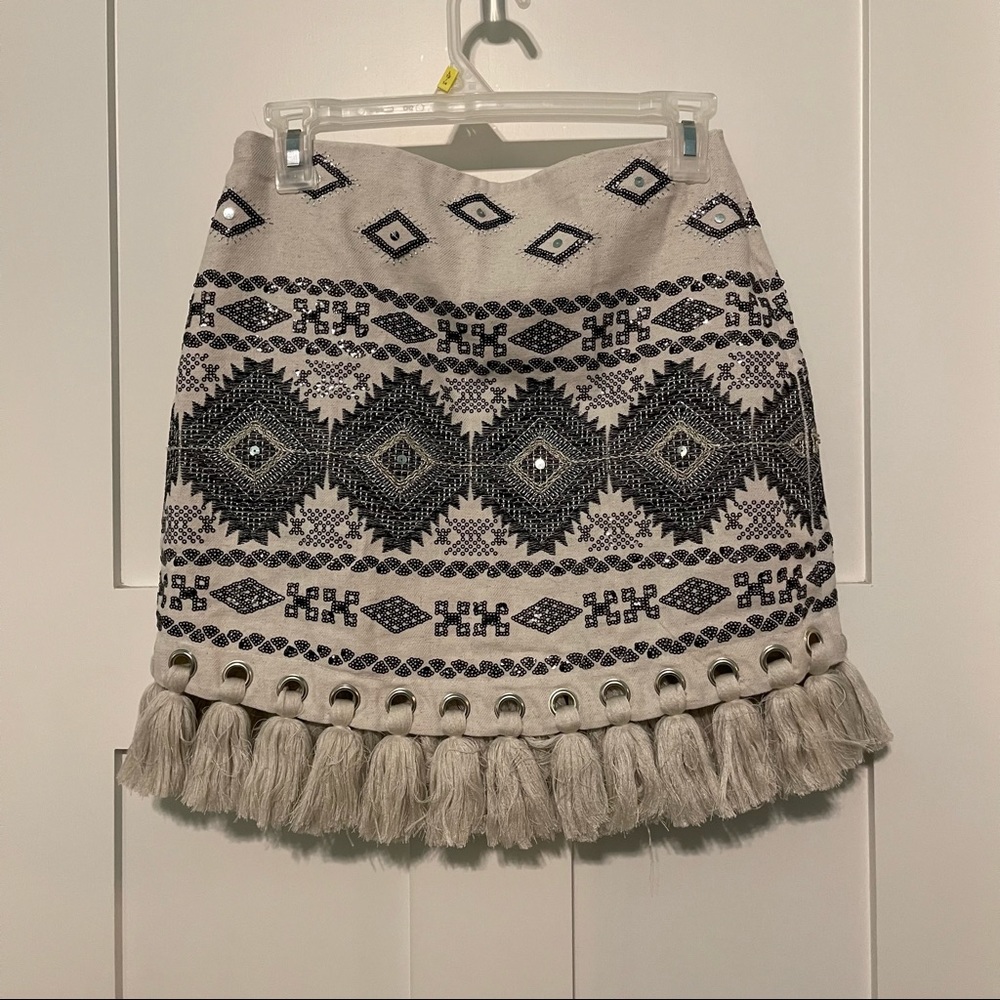 Lulus size small cream with black embroidery sequin tribal print skirt fringe! - Picture 6 of 8